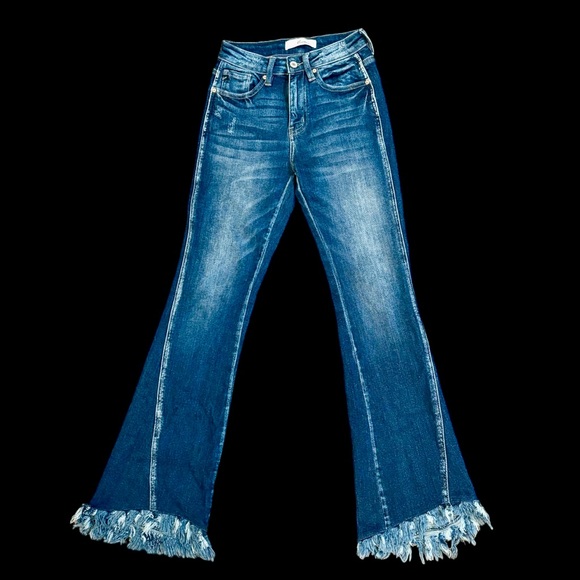 Kancan Brooklyn High-Rise Boot Cut Jeans Size 1/24 Dark Blue Raw Fringe Hem #207 - Picture 3 of 16